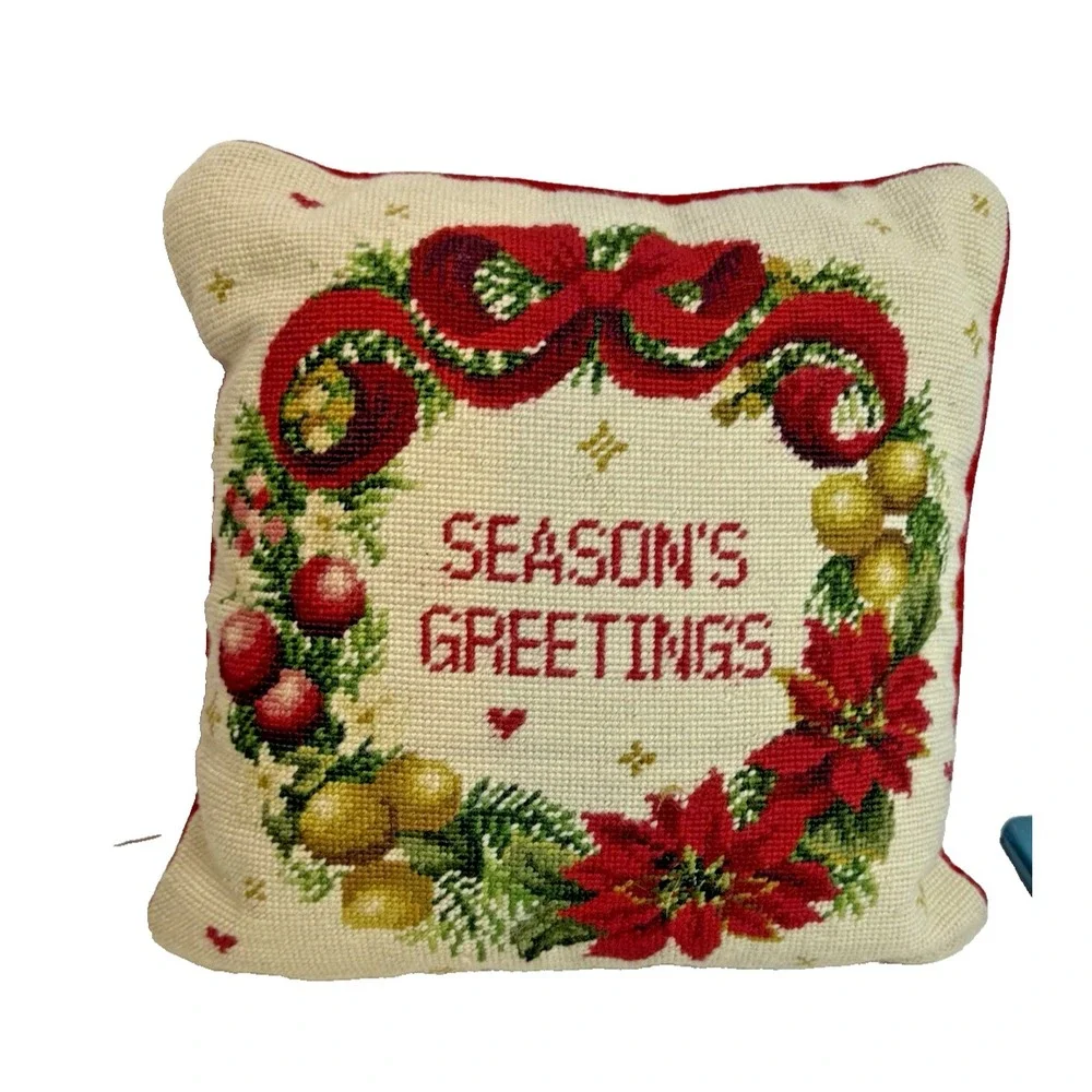 Vintage Imperial Elegance Needlepoint Pillow‎ Christmas Seasons Greetings Wool