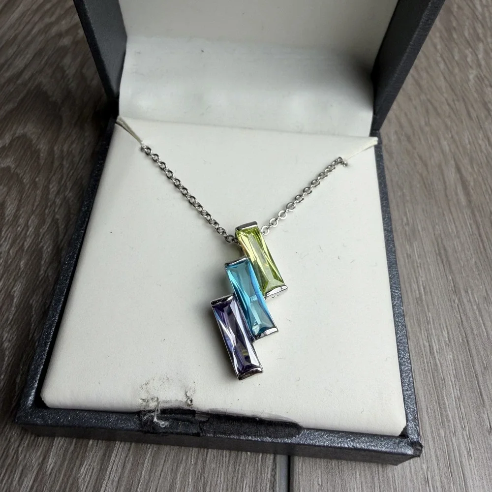 CBC Sterling Silver Multi Color Triple Baguette Cut CZ Pendant Necklace