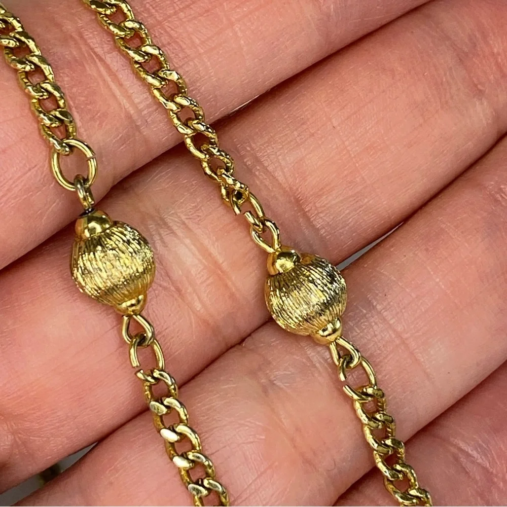 Vintage Monet‎ Gold Tone Chain Necklace Curb Station Textured Bead Long