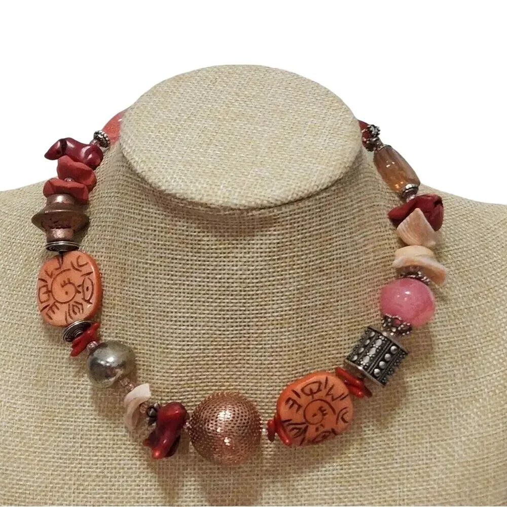 Treska Women Chunky Mixed Media Statement Necklace Red Orange Boho Sun Shell New