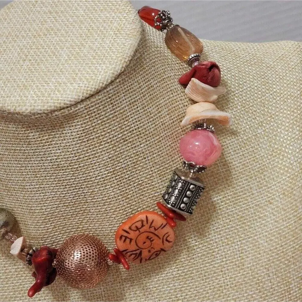 Treska Women Chunky Mixed Media Statement Necklace Red Orange Boho Sun Shell New
