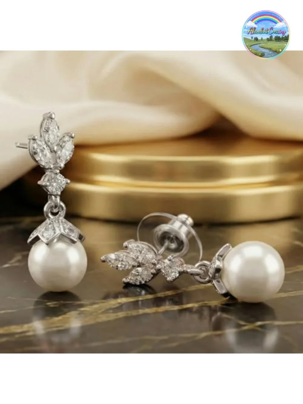 Pearl Drop Wedding Earrings 8MM Ivory Shell Pearls Cubic Zirconia Crystal