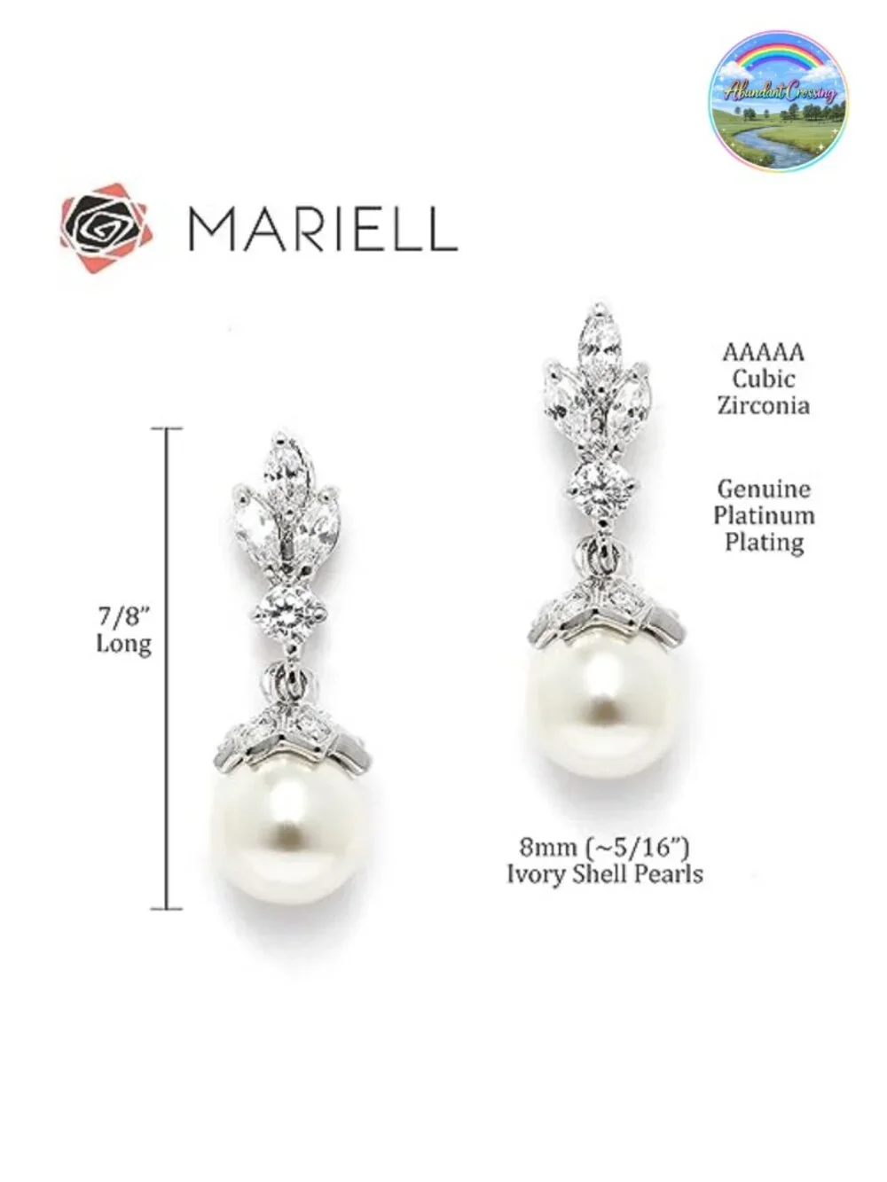 Pearl Drop Wedding Earrings 8MM Ivory Shell Pearls Cubic Zirconia Crystal