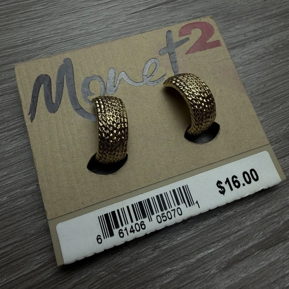 Vintage Monet 2 Clip On Earrings NWT Gold Tone Textured Woven Wide Hoop New