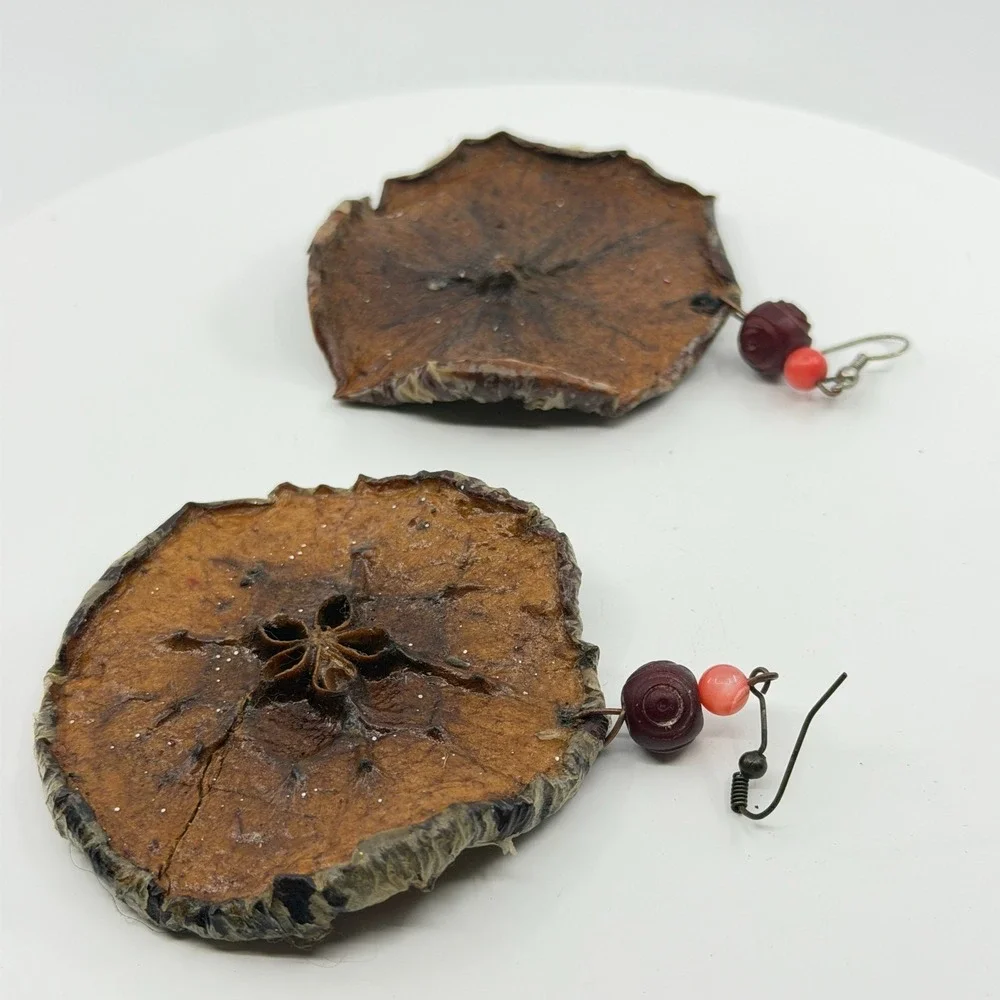 Earrings Dried Apple Slice Dangle Beaded Handmade Cottagecore Statement Vintage
