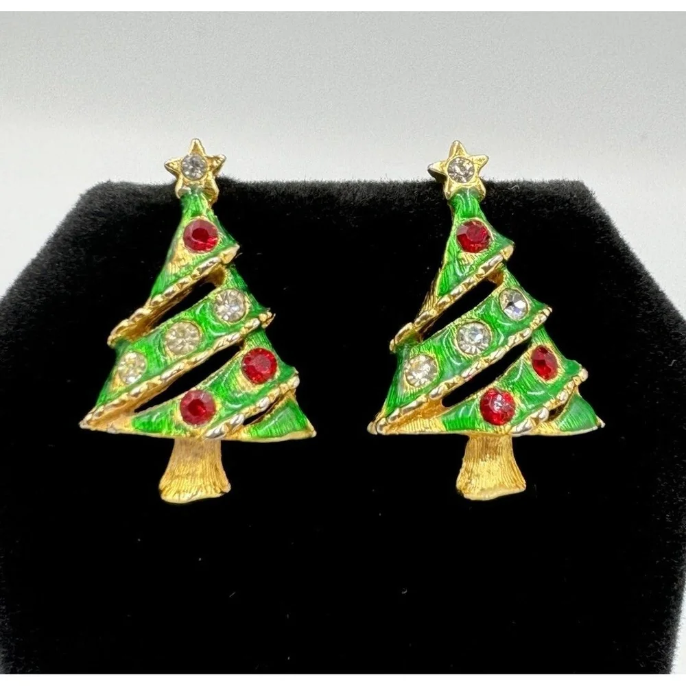 Vintage Gold Tone Green Christmas‎ Tree Post Earrings Red Clear Rhinestones