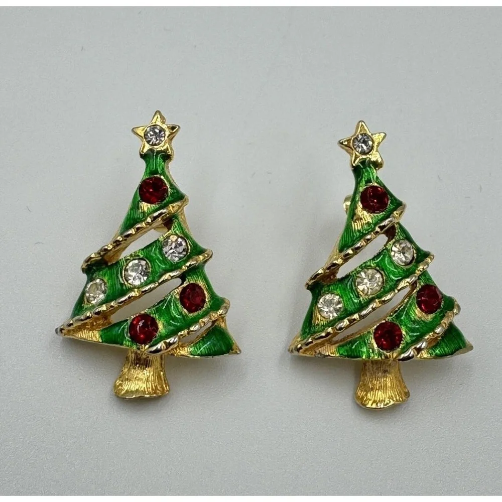 Vintage Gold Tone Green Christmas‎ Tree Post Earrings Red Clear Rhinestones