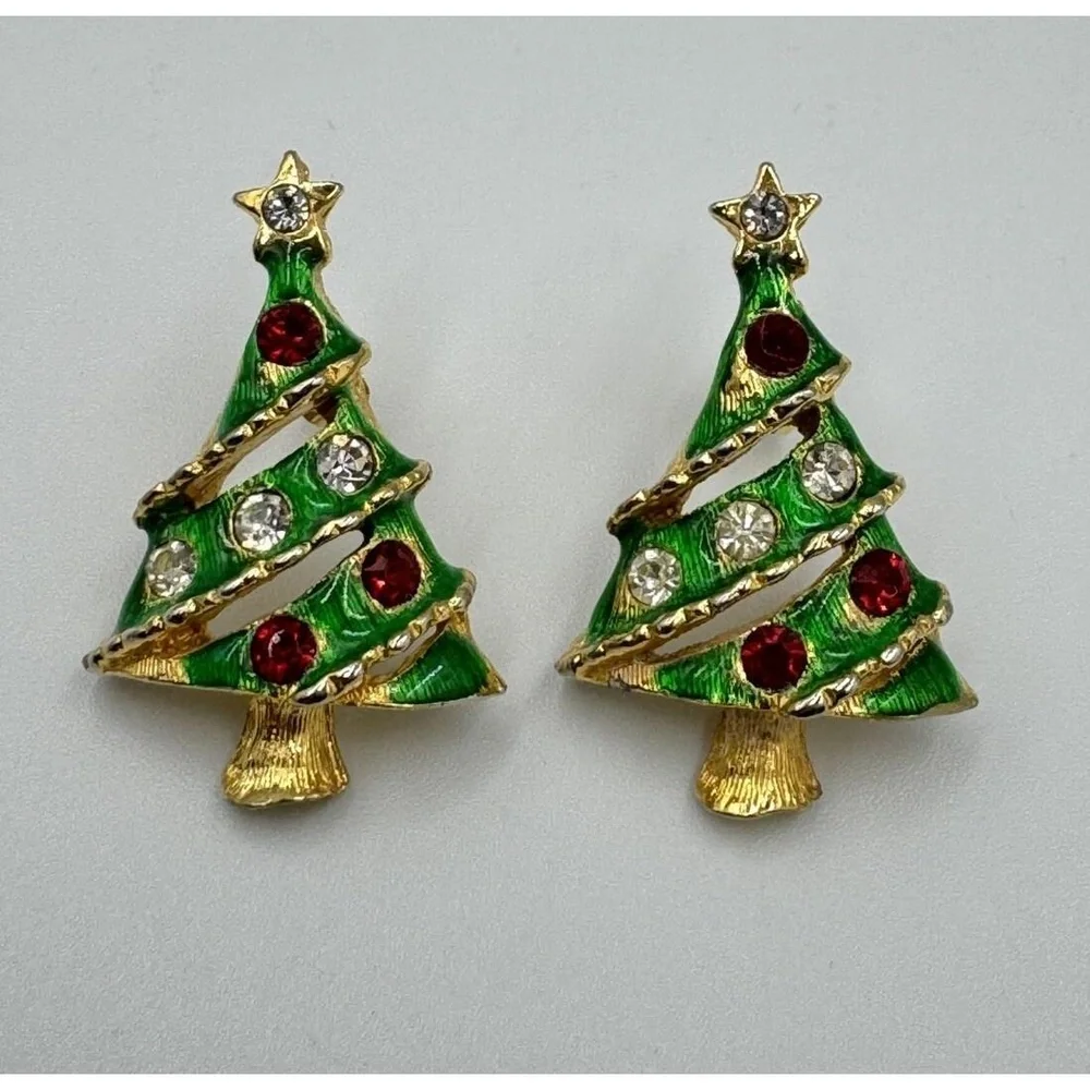 Vintage Gold Tone Green Christmas‎ Tree Post Earrings Red Clear Rhinestones