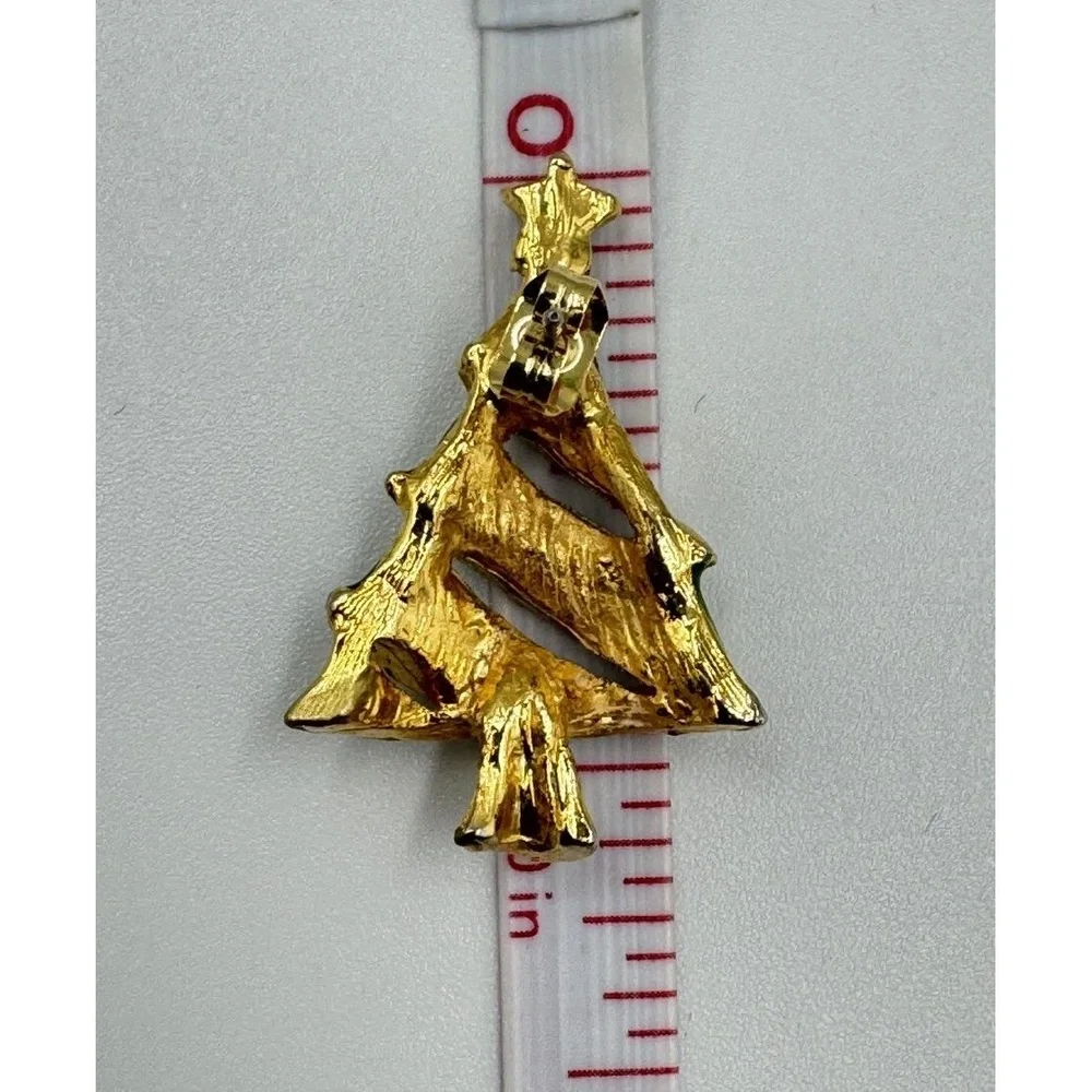 Vintage Gold Tone Green Christmas‎ Tree Post Earrings Red Clear Rhinestones