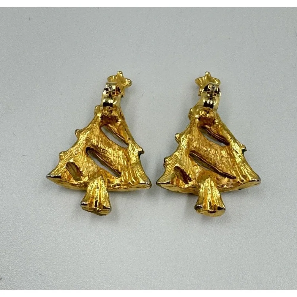 Vintage Gold Tone Green Christmas‎ Tree Post Earrings Red Clear Rhinestones