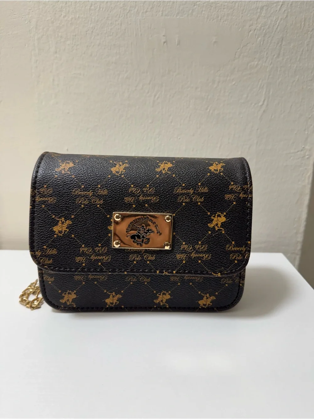 Beverly Hills Polo Club Brown Logo Print Crossbody with Gold Plate