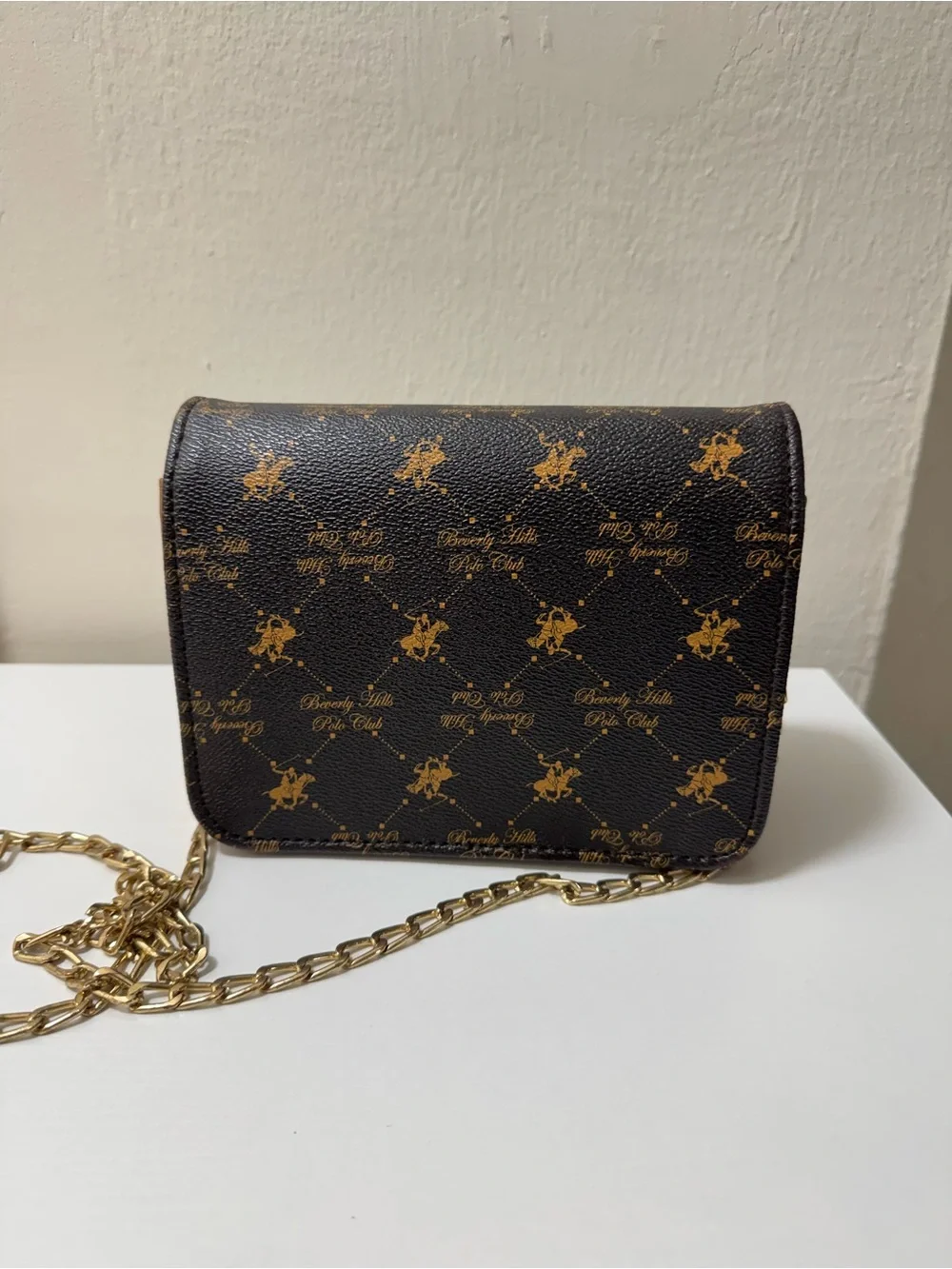 Beverly Hills Polo Club Brown Logo Print Crossbody with Gold Plate