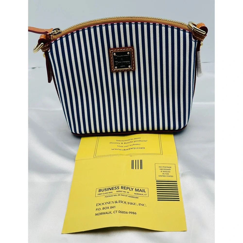 Dooney & Bourke Navy White Striped Coated Cotton Crossbody Bag‎ Leather Trim