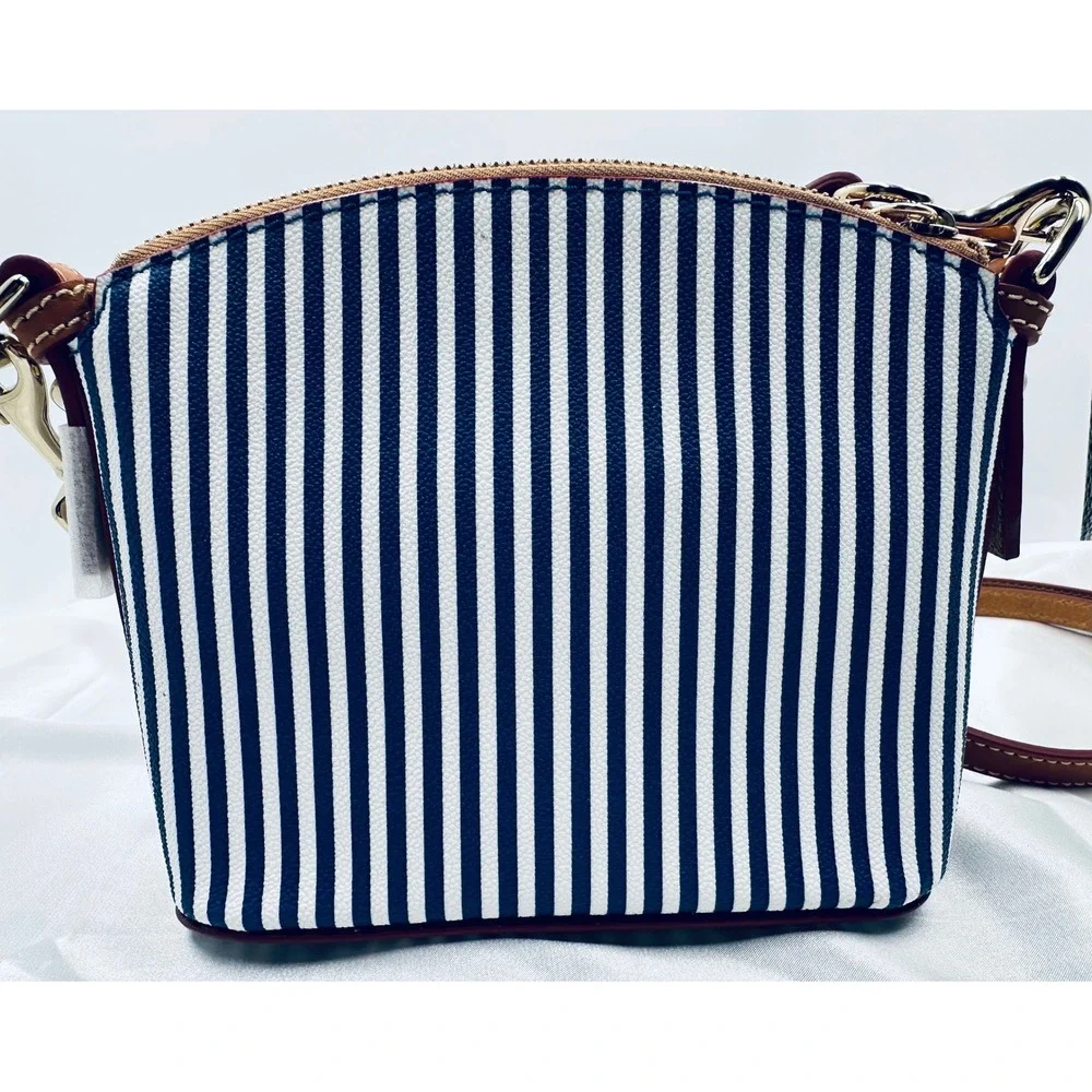Dooney & Bourke Navy White Striped Coated Cotton Crossbody Bag‎ Leather Trim