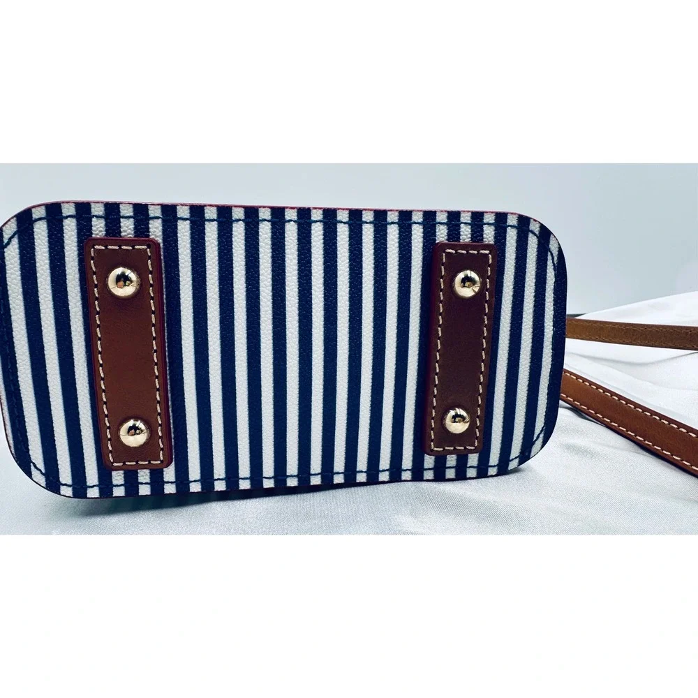 Dooney & Bourke Navy White Striped Coated Cotton Crossbody Bag‎ Leather Trim