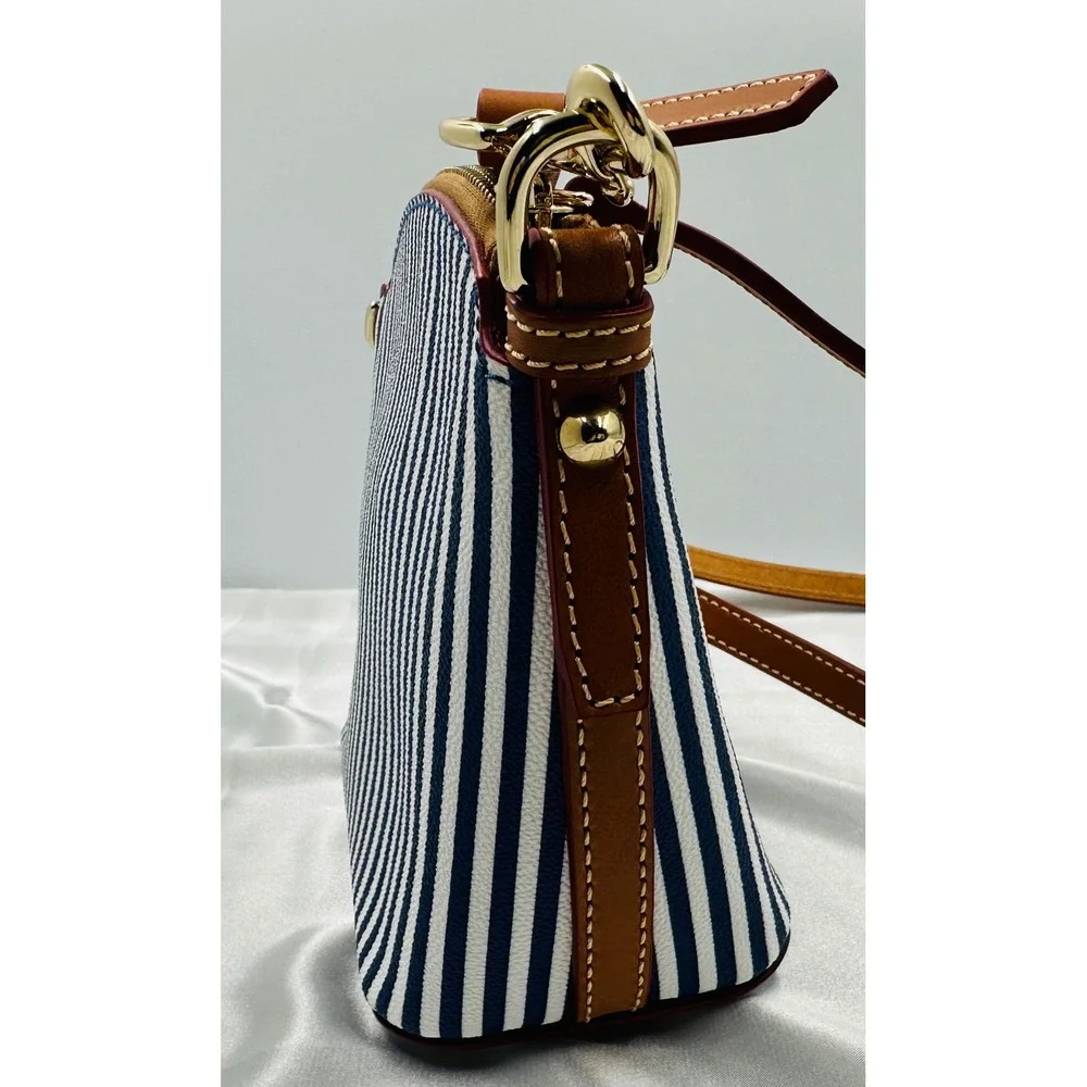 Dooney & Bourke Navy White Striped Coated Cotton Crossbody Bag‎ Leather Trim