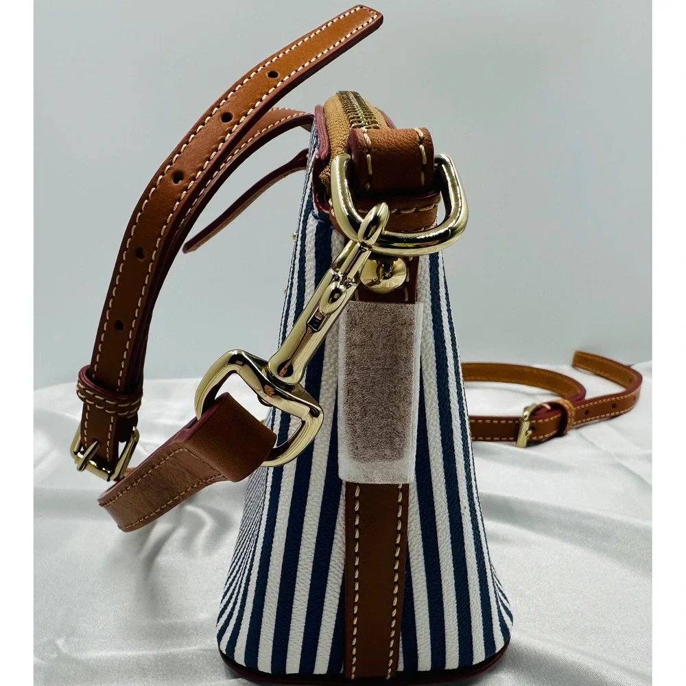Dooney & Bourke Navy White Striped Coated Cotton Crossbody Bag‎ Leather Trim