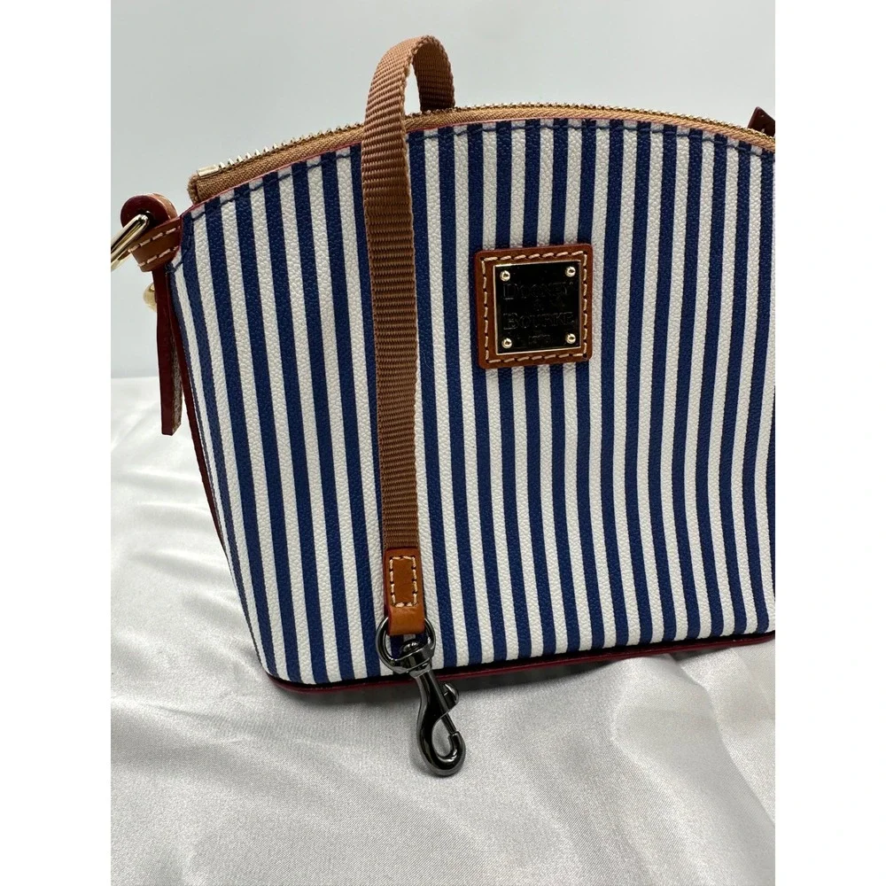 Dooney & Bourke Navy White Striped Coated Cotton Crossbody Bag‎ Leather Trim