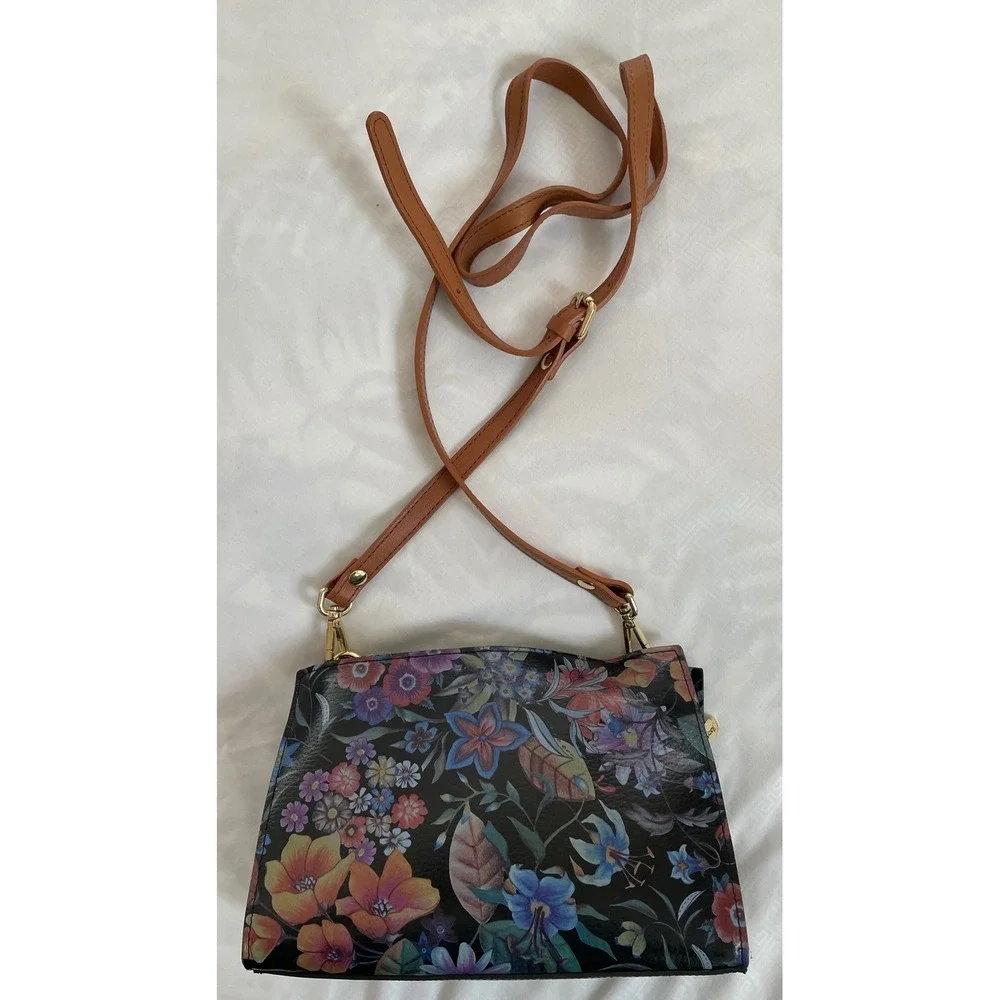 Valentina Floral‎ Print Leather Crossbody Bag Gold Zip Travel Boho Chic Romantic