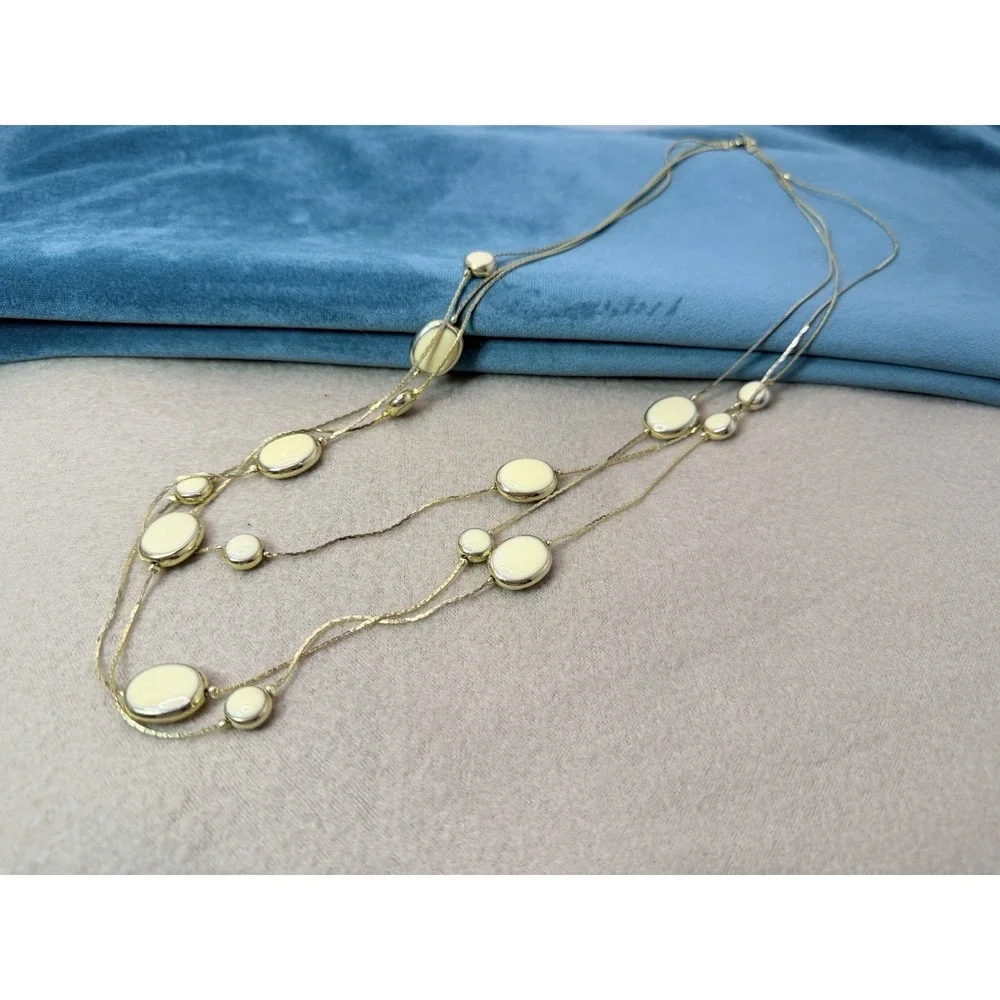 Vintage Avon 1980s Triple Strand Station Necklace Gold Tone Ivory Enamel 29 Inch