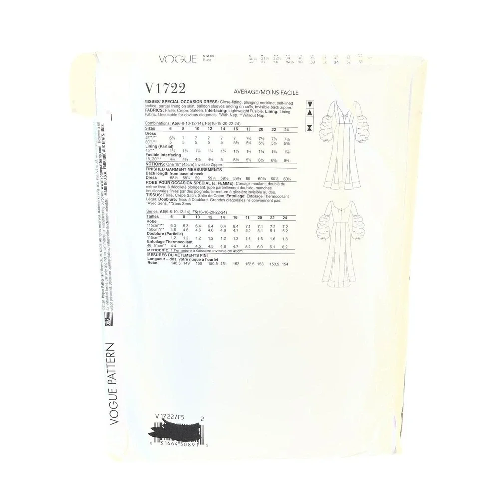 VOGUE PATTERNS V1722 Misses Special Occasion Dress Sizes 16-24 Nicola Finetti‎