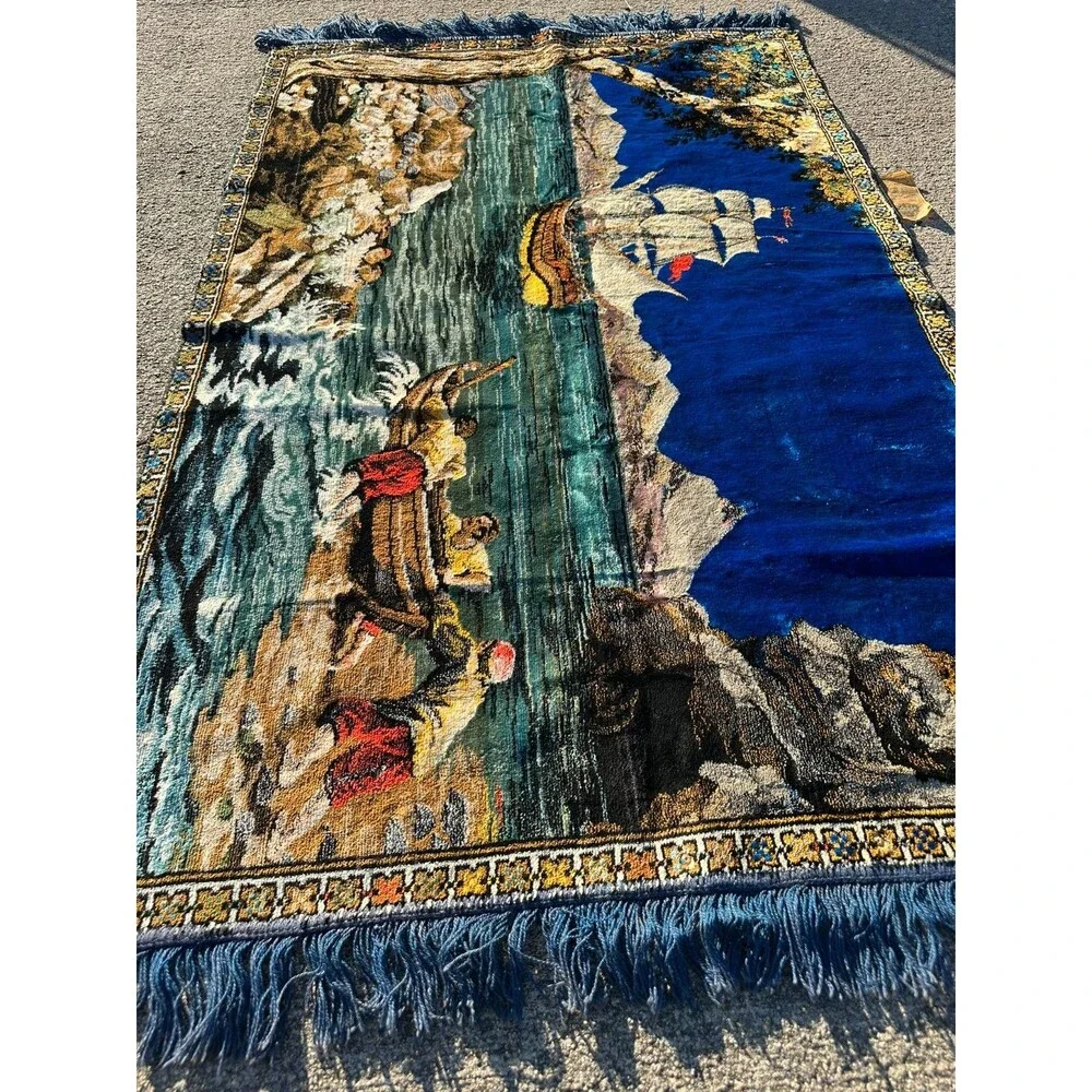 Vintage Italy Velvet Wall Rug Nautical Ship Lighthouse Scene 58x38