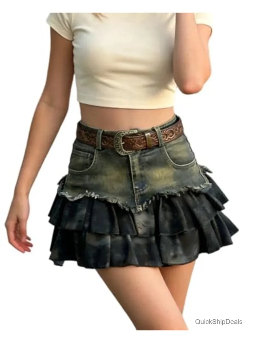 Y2K High Waist Distressed Denim Skort with Tiered Ruffle Hem