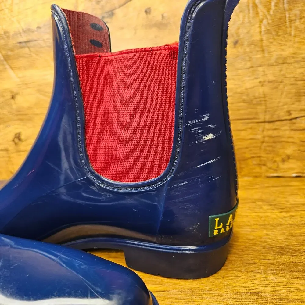 Lauren Ralph Lauren Navy Red Waterproof Rubber Water bootie Rainboot sz 6