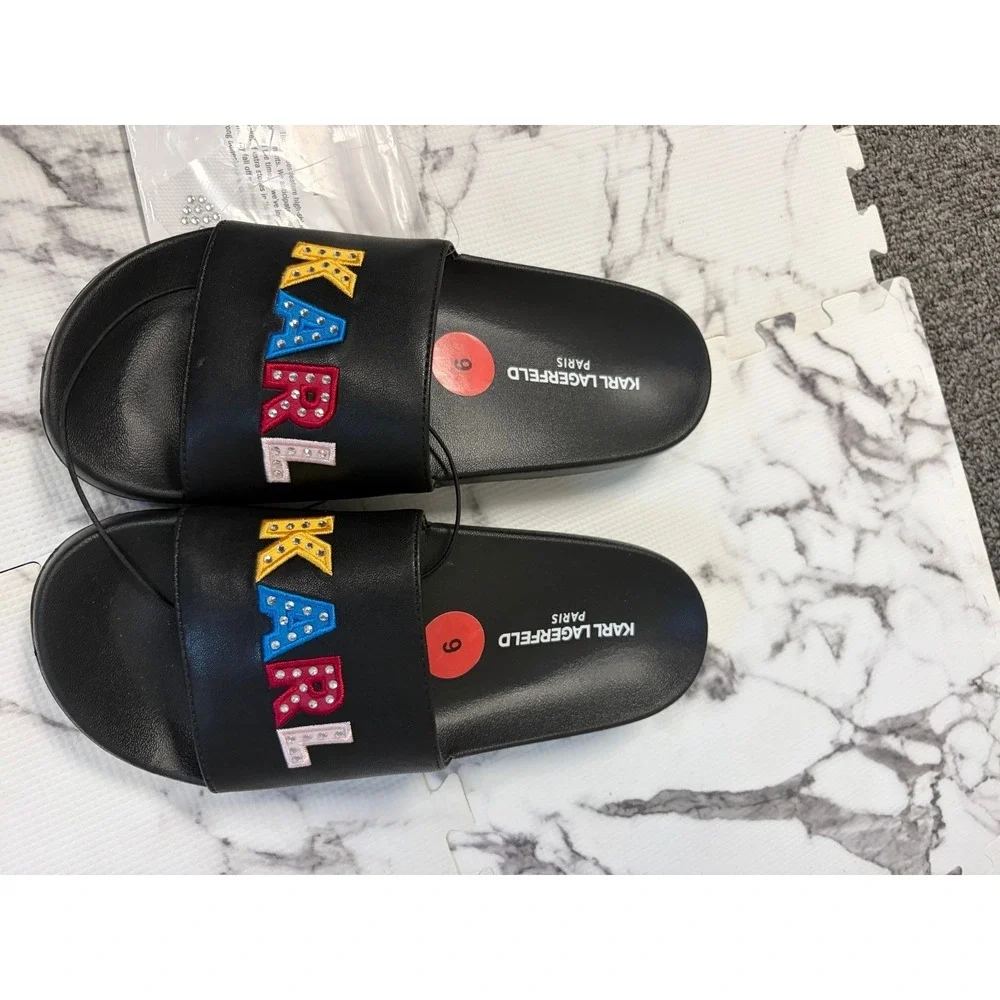Karl Lagerfeld Paris KARL Rhinestone Logo‎ Slide Sandals Womens Size 6 Black