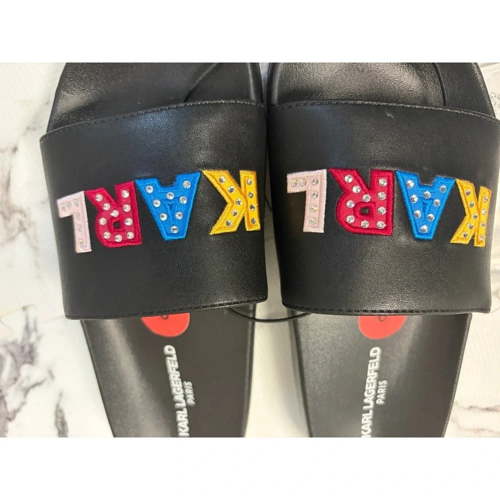 Karl Lagerfeld Paris KARL Rhinestone Logo‎ Slide Sandals Womens Size 6 Black