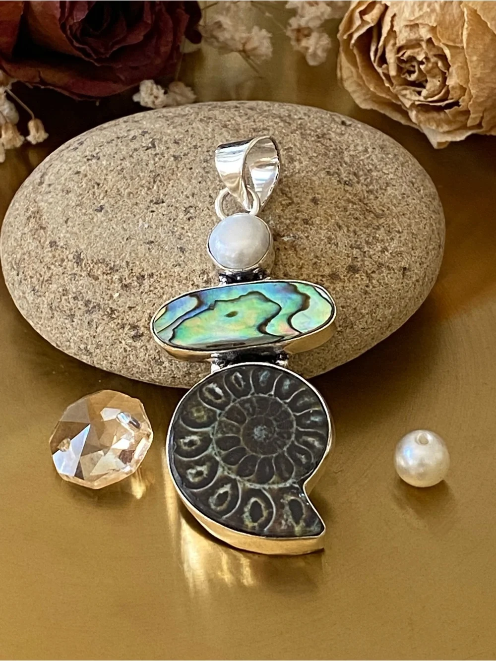 Ammonite Fossil, Abalone Shell And Pearl Pendant