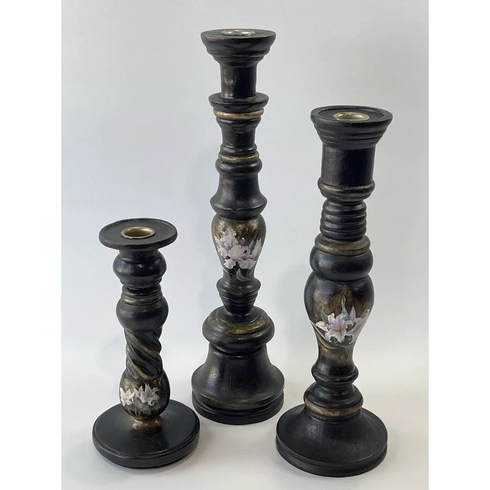Wooden‎ Candle Holders Decor Dark Finish Floral Accents Set of 3 SEMA 2008