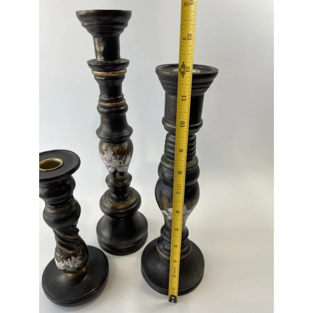 Wooden‎ Candle Holders Decor Dark Finish Floral Accents Set of 3 SEMA 2008