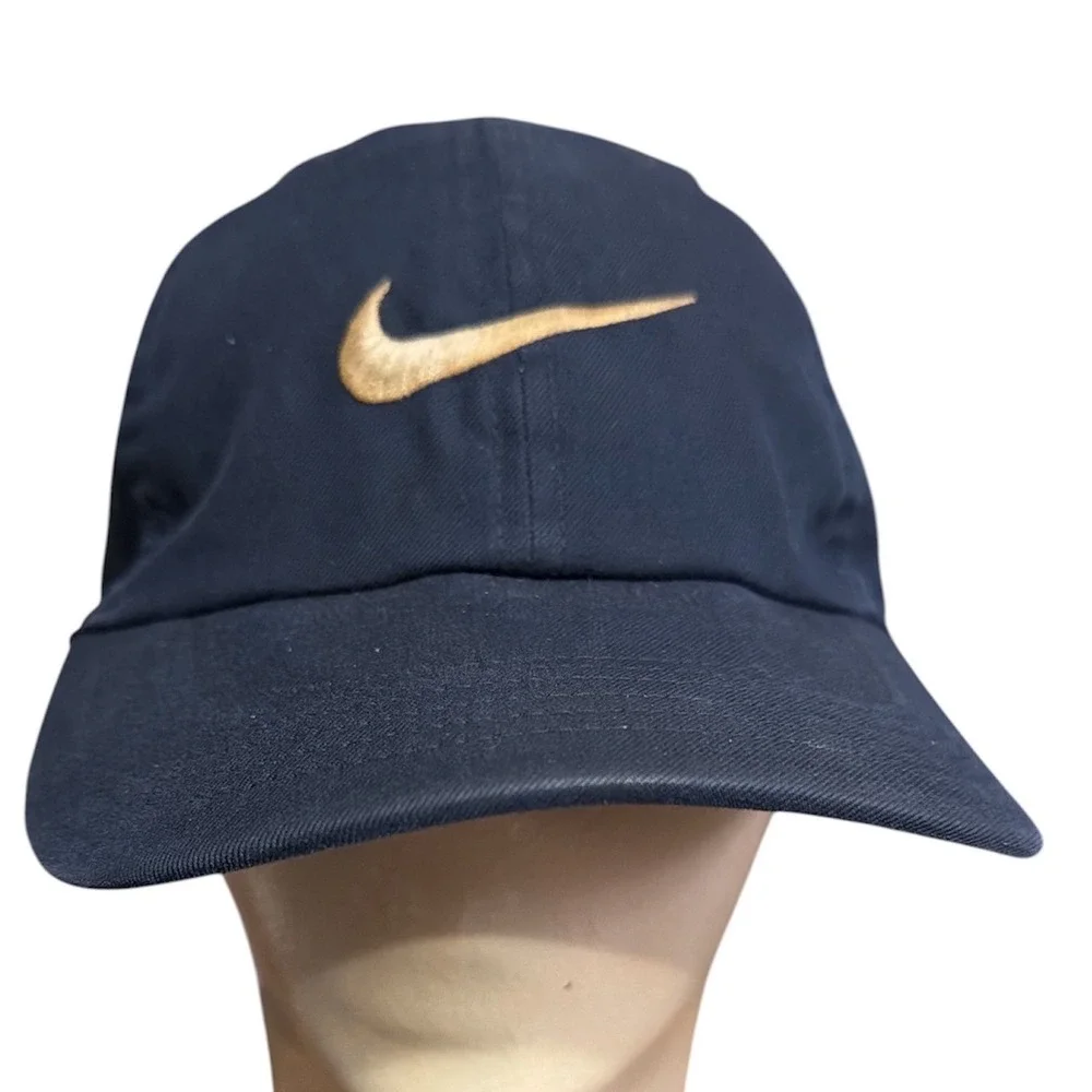 Nike Dri-FIT Navy Blue Adjustable slide Baseball Cap Gold Swoosh Hat‎  Mens
