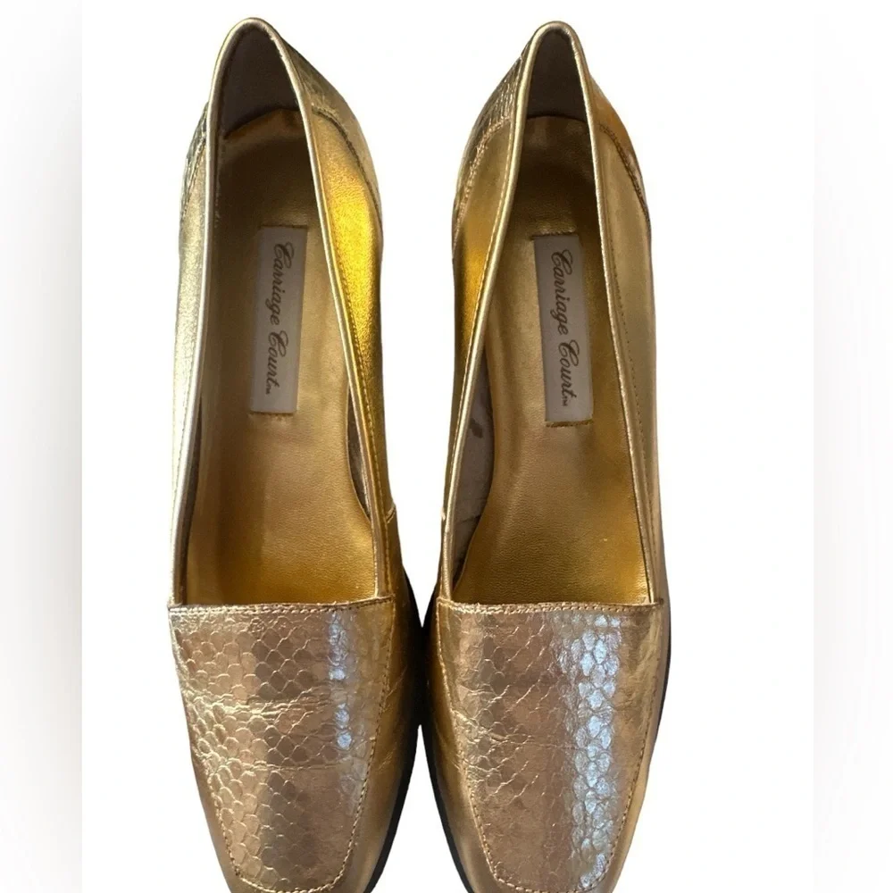 Carriage Court Gold Snake Skin Embossed Square Toe 1” Heel Loafer Flat Shoe