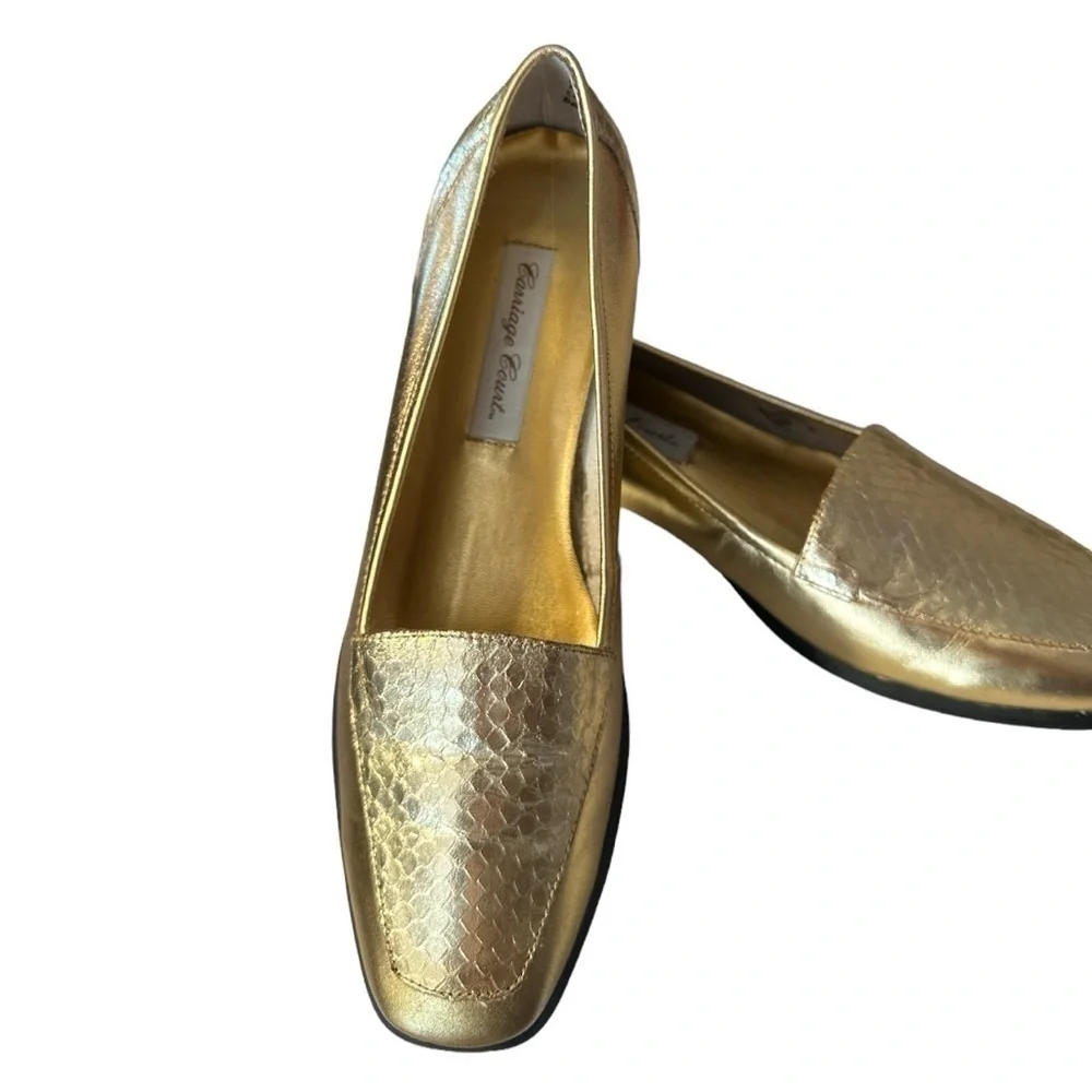 Carriage Court Gold Snake Skin Embossed Square Toe 1” Heel Loafer Flat Shoe
