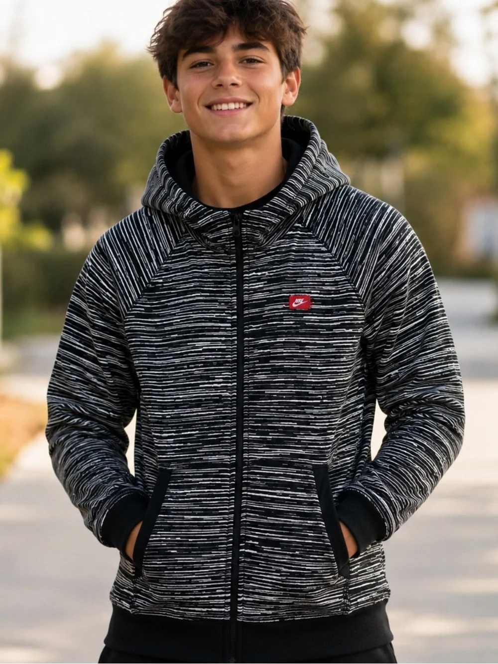 Nike AW77 FT AOP Speed Black/White Stripe Zip Kanga Pocket Hooded Jacket (L)‎