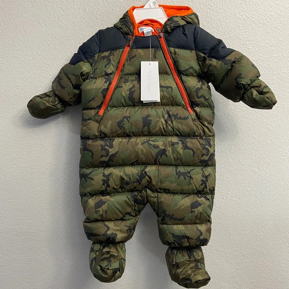 Ralph Lauren‎ 6M Olive Camo Water Repellent Down Hooded Puffer Bunting Snowsuit