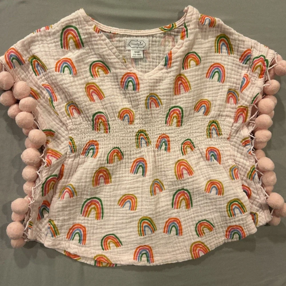 Mud Pie Baby Girls Dress 12–18M‎ Pink Rainbows Muslin Cotton Pom Trim Summer
