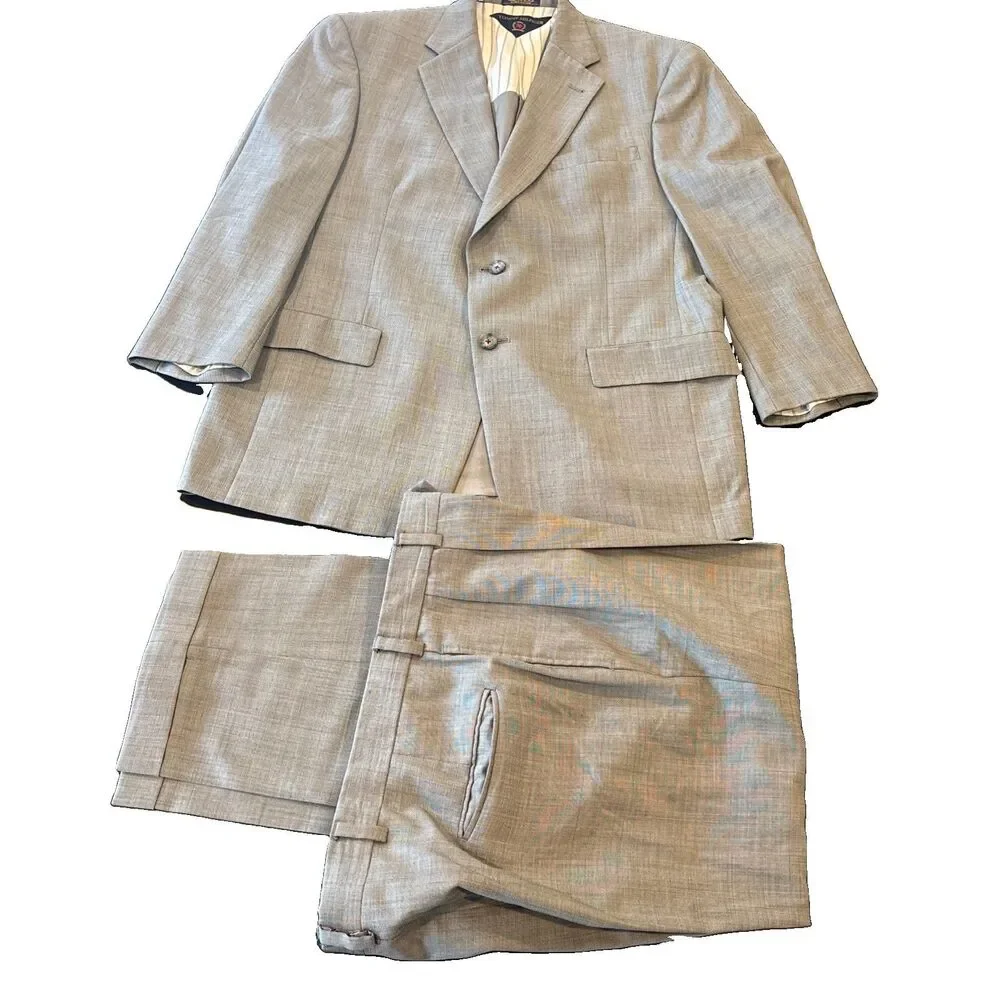TOMMY HILFIGER Everyday Tan Virgin Wool Suit Sz42R Vintage Made In USA Americana