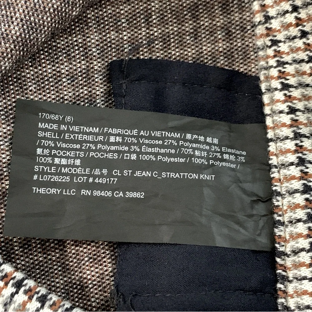 Theory Women's Zip Fly Stretch Houndstooth Cropped Pants Brown Black Gray Size 6