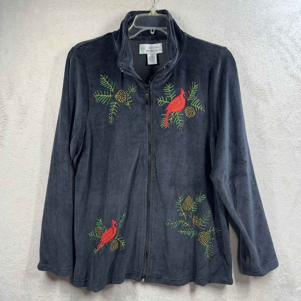 Natural Impressions Velour Jacket Women's L Cardinal Christmas Winter‎ Sparkle