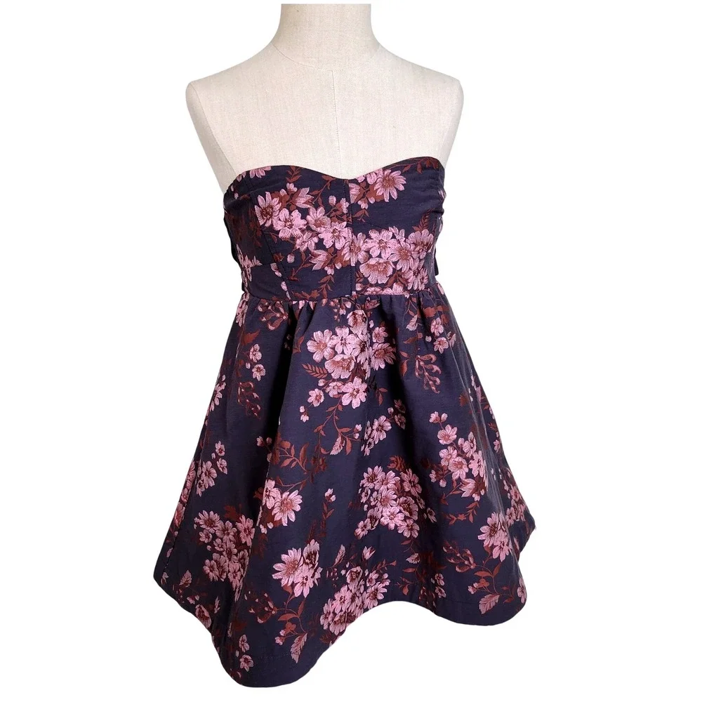 Free People Floral Jacquard Strapless Mini Dress Navy Pink Sweetheart NWT Size S