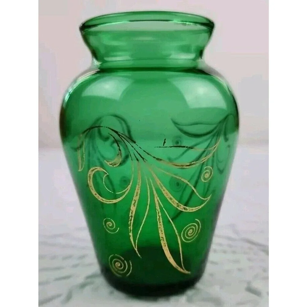 Vintage Anchor Hocking Emerald Green Glass Bud Vase Gold Accents 3.75