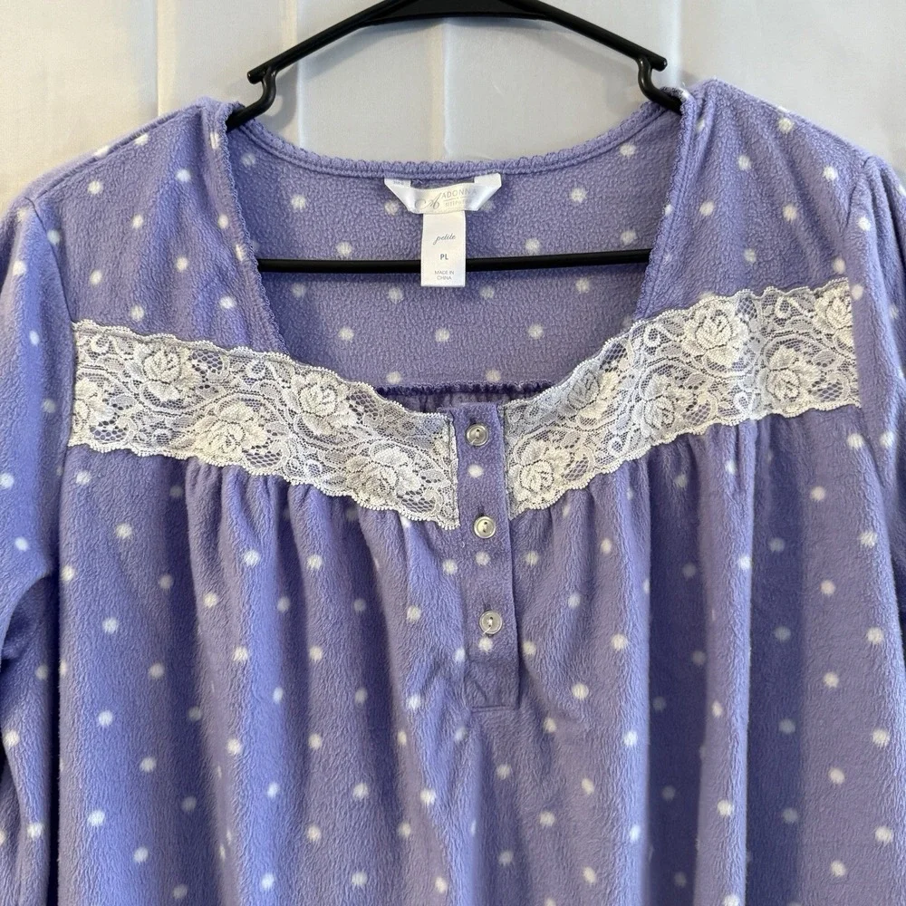 Womens‎ Petite Large Fleece Nightgown Purple White Polka Dots Modest Grandma Pjs