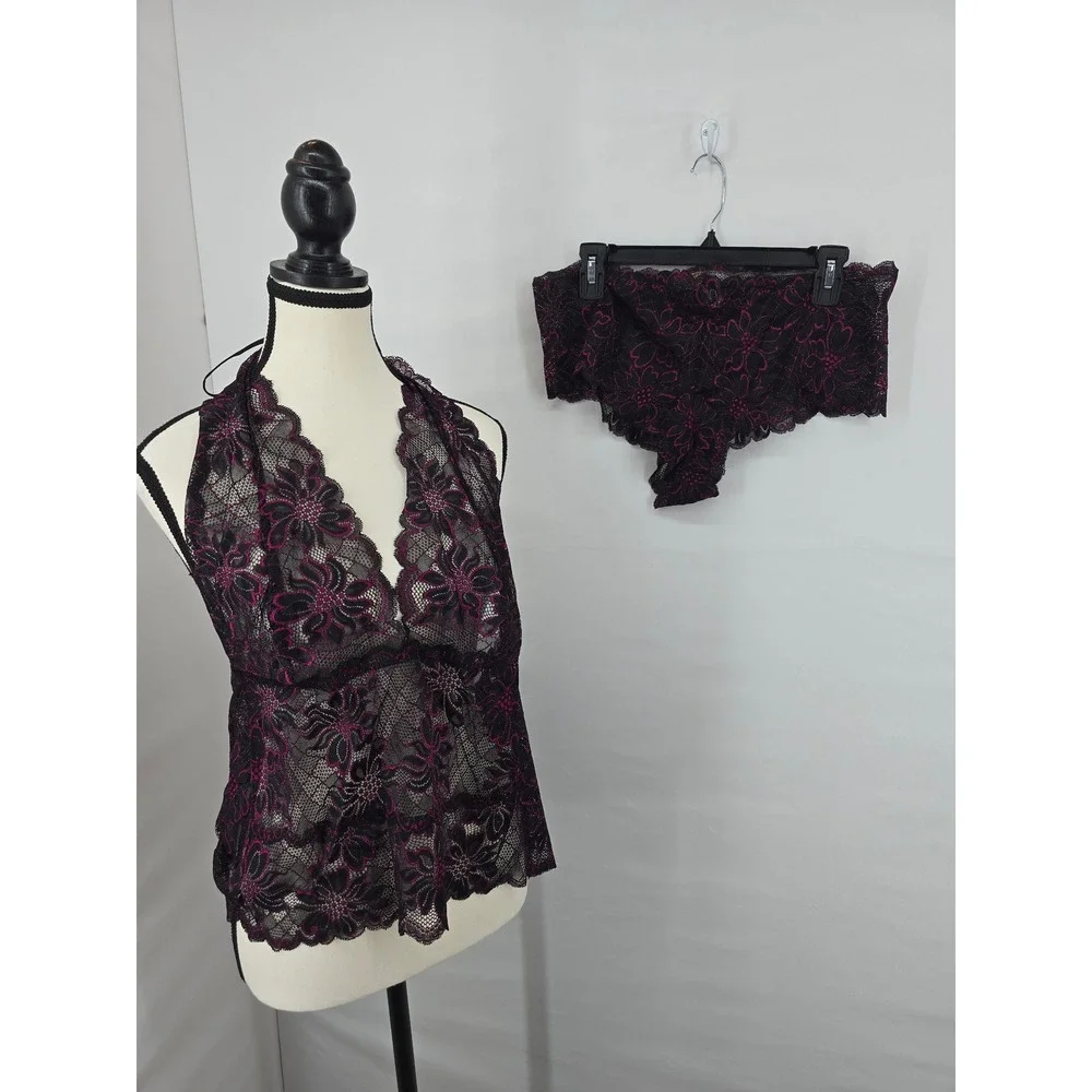 Floral Lace‎ Halter Camisole and Boyshort Panty Lingerie Set Black Magenta 1X