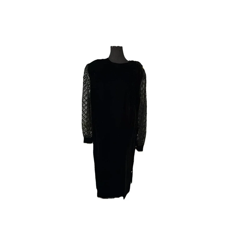 VTG Tracy Richards Sz 20P Black‎ Velvet  Midi Dress Sheer Embroidery Long Sleeve