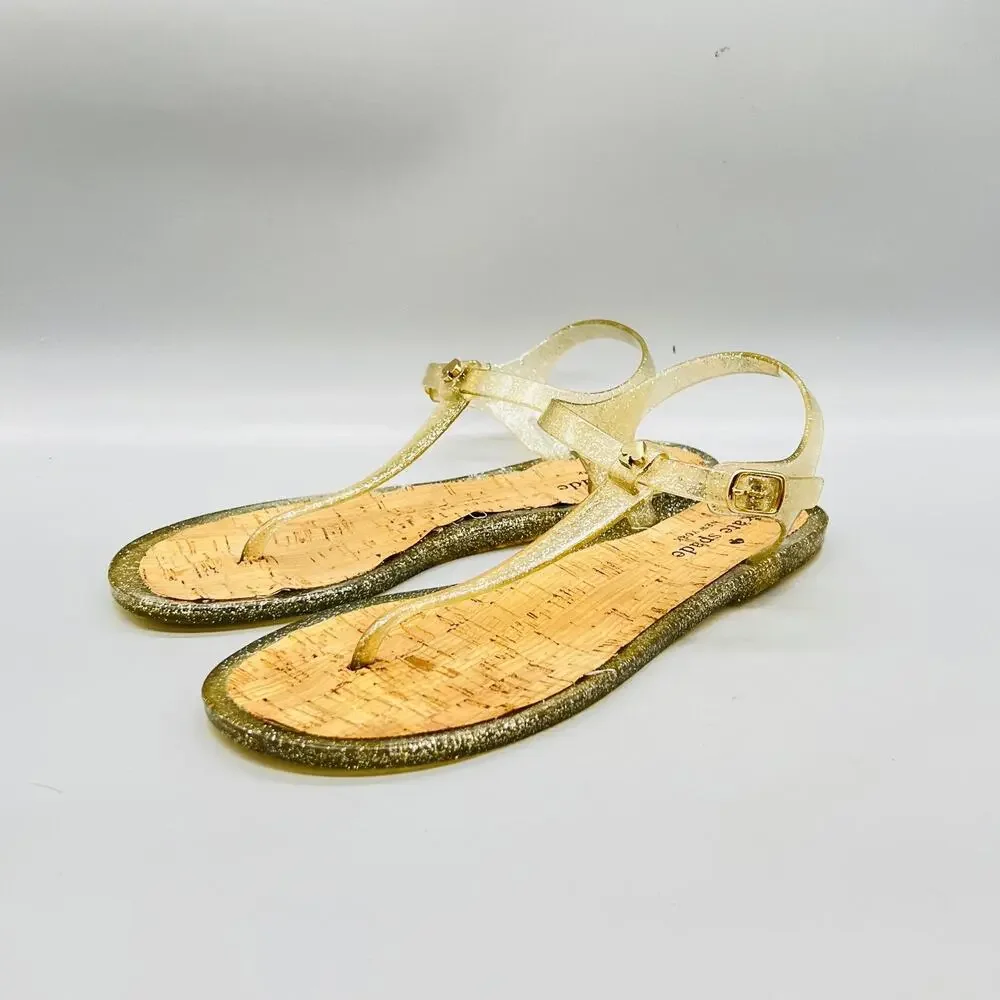 Kate Spade Sandals Womens 9 Gold Plastic Jelly Thong Ankle Strap Flat Shoes