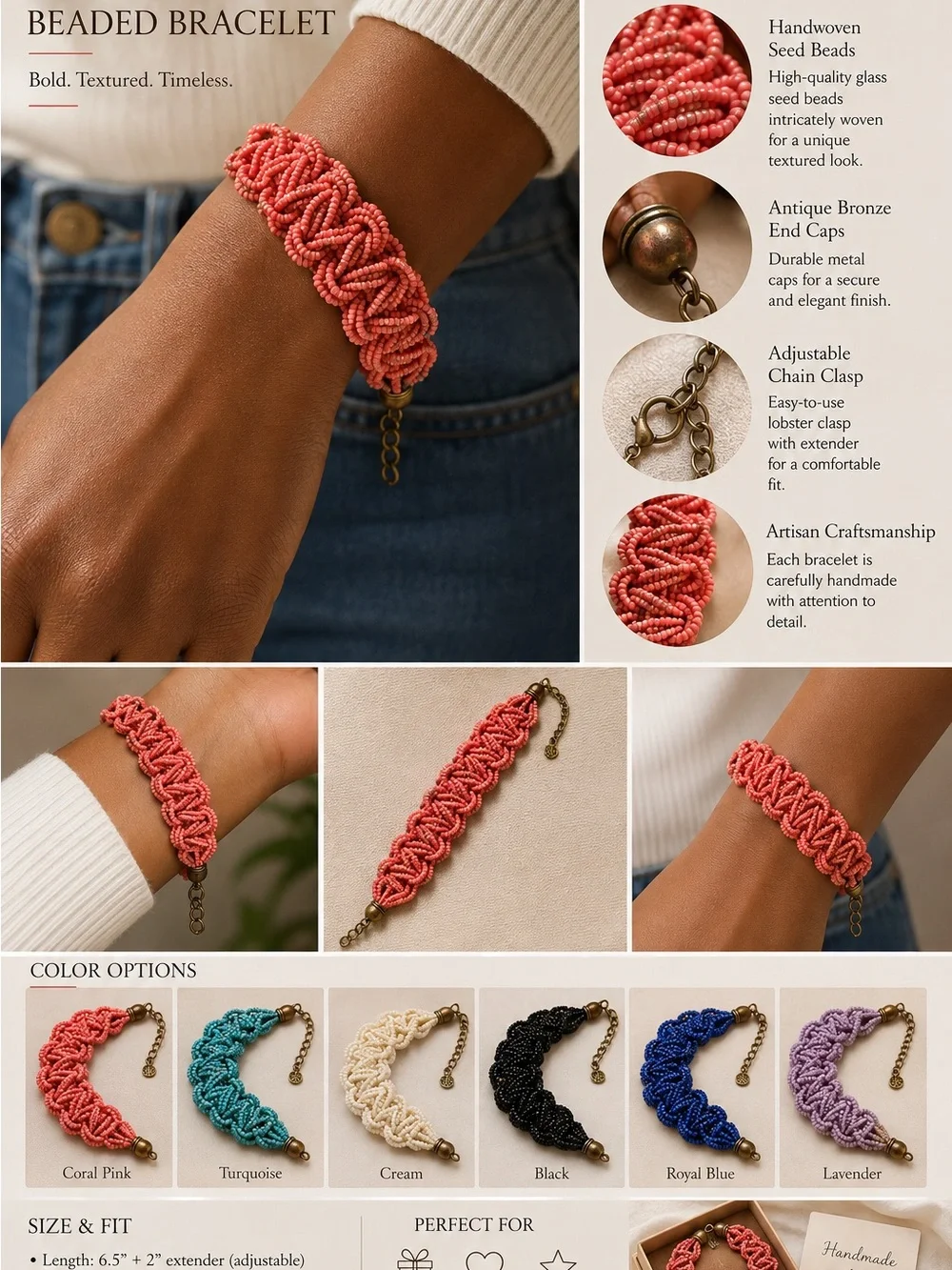 Vintage Handwoven Beaded Bracelet - Coral Pink