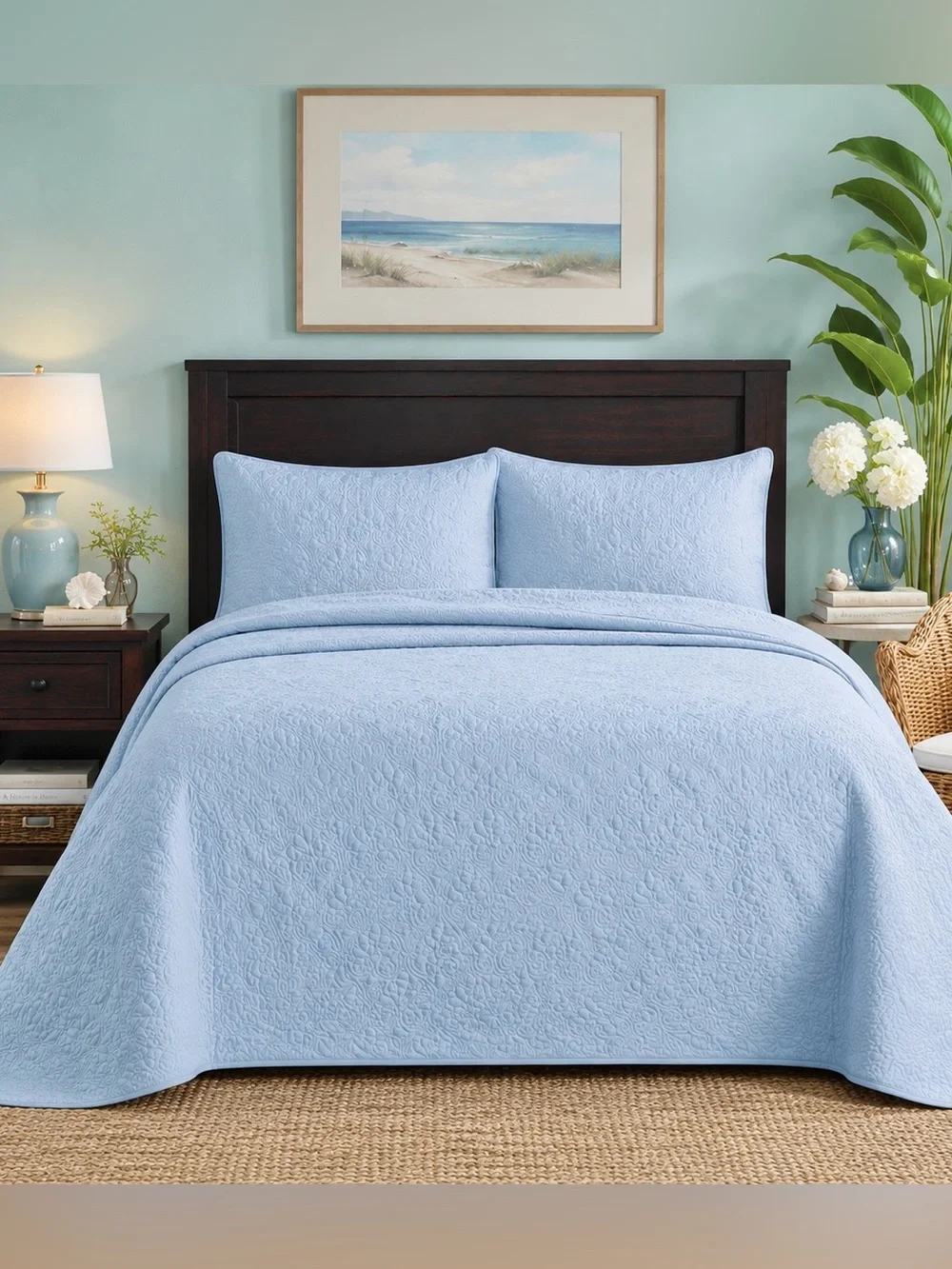 Madison Park Quebec Queen Blue Reversible 3 Piece Bedspread Set